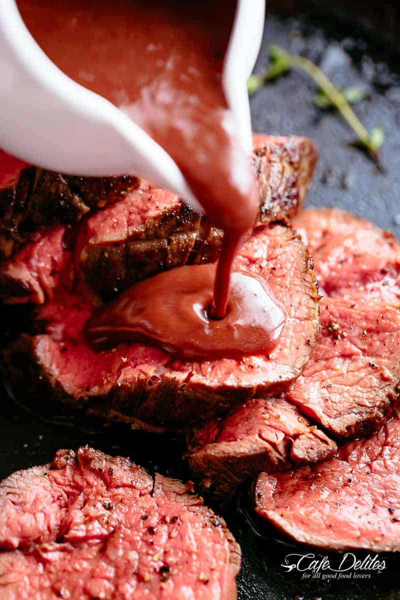 Beef Tenderloin Roast with a red wine sauce (or jus) | cafedelites.com