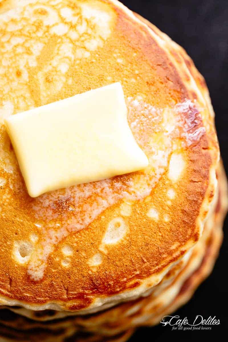 Buttermilk Pancakes recipe with melted butter | cafedelites.com
