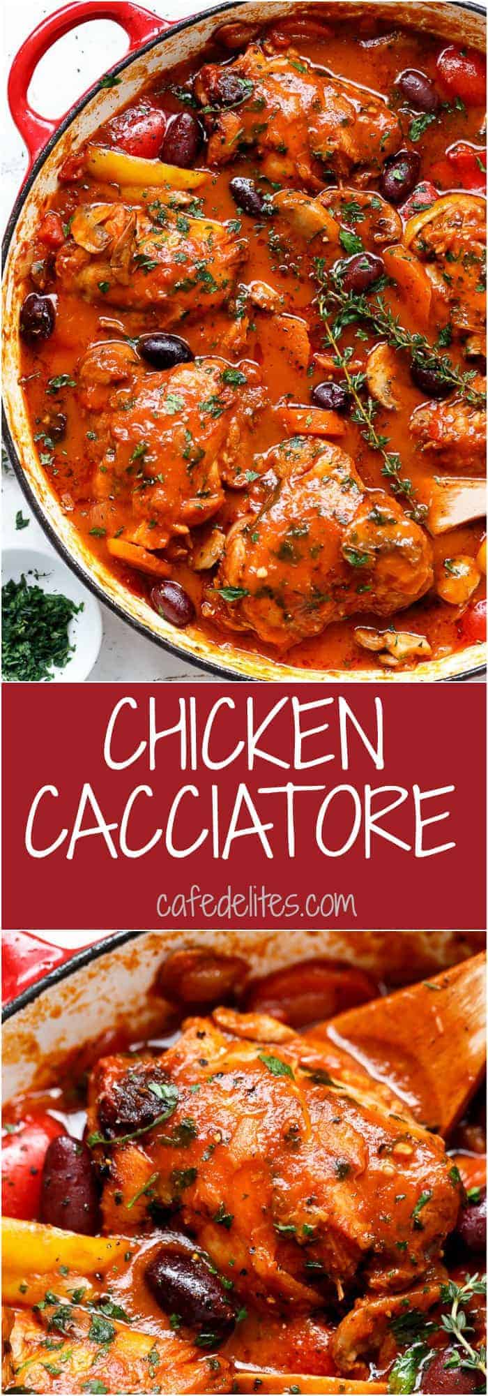 Slow cooked Chicken Cacciatore, with chicken falling off the bone in a rich and rustic sauce is simple Italian comfort food at its best. | https://cafedelites.com