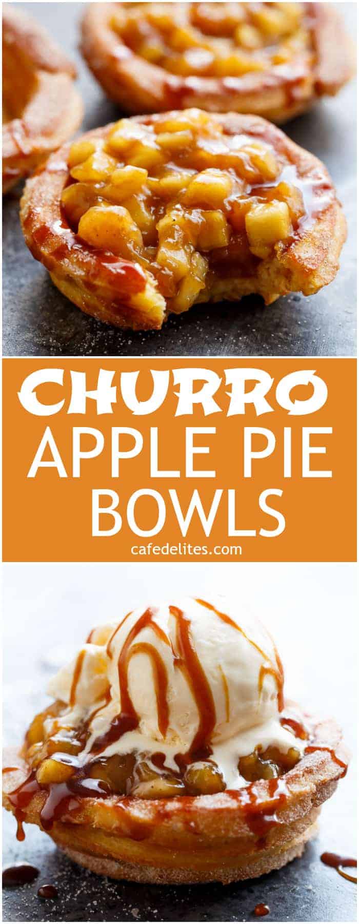 The ultimate pie! CHURRO Apple Pies: where TWO desserts become one! Apple pie filling is served in Churro bowls instead of the traditional pie pastry, and drizzled with an easy, homemade caramel sauce, to make the most incredible dessert! | https://cafedelites.com