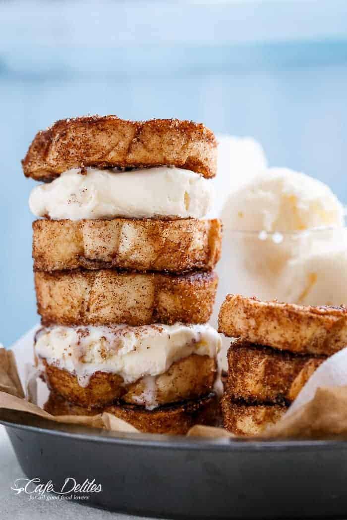 Crispy, buttery Churro french toasts sandwiches with your choice of ice cream or frozen yogurt for one of the best breakfasts ever invented! | https://cafedelites.com