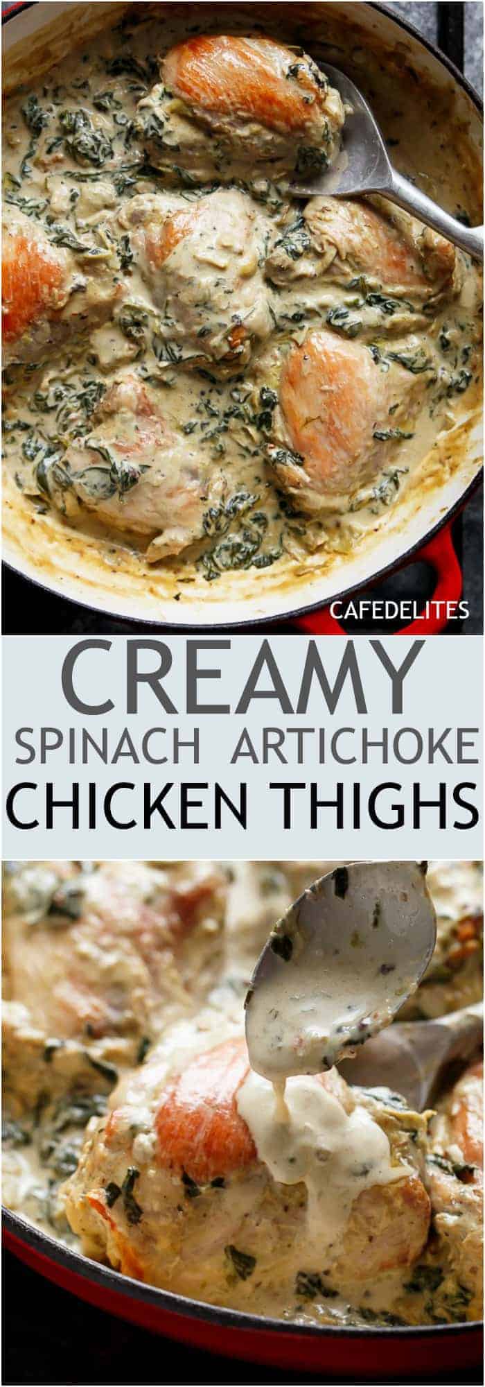 Creamy Spinach Artichoke Chicken Thighs in one skillet! Low fat AND low carb, filled with fresh spinach, artichokes, parmesan cheese and a hint of garlic! | https://cafedelites.com