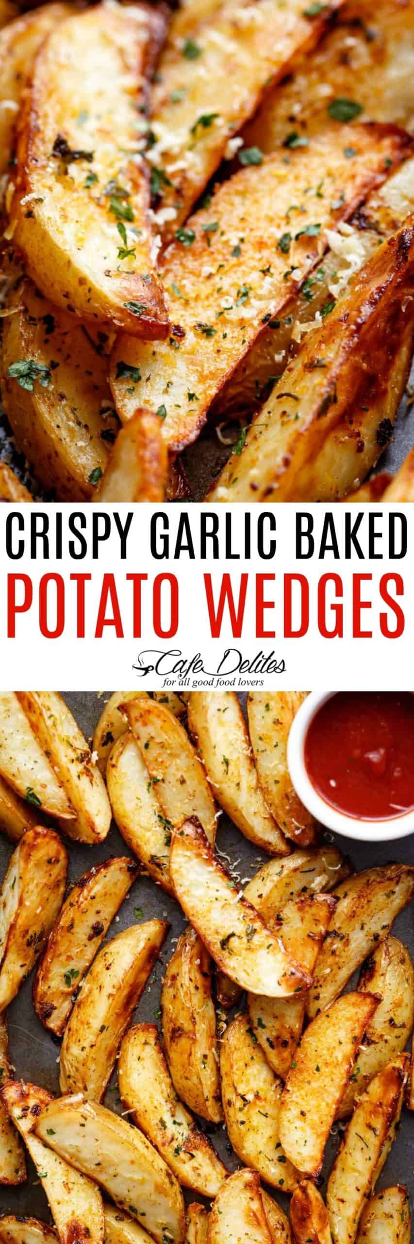Crispy Garlic Baked Potato Wedges | cafedelites.com