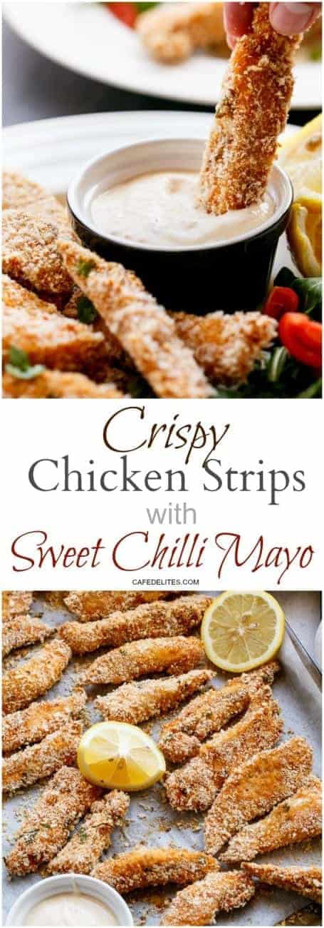 Garlic Chicken Strips with Sweet Chilli Mayo https://cafedelites.com