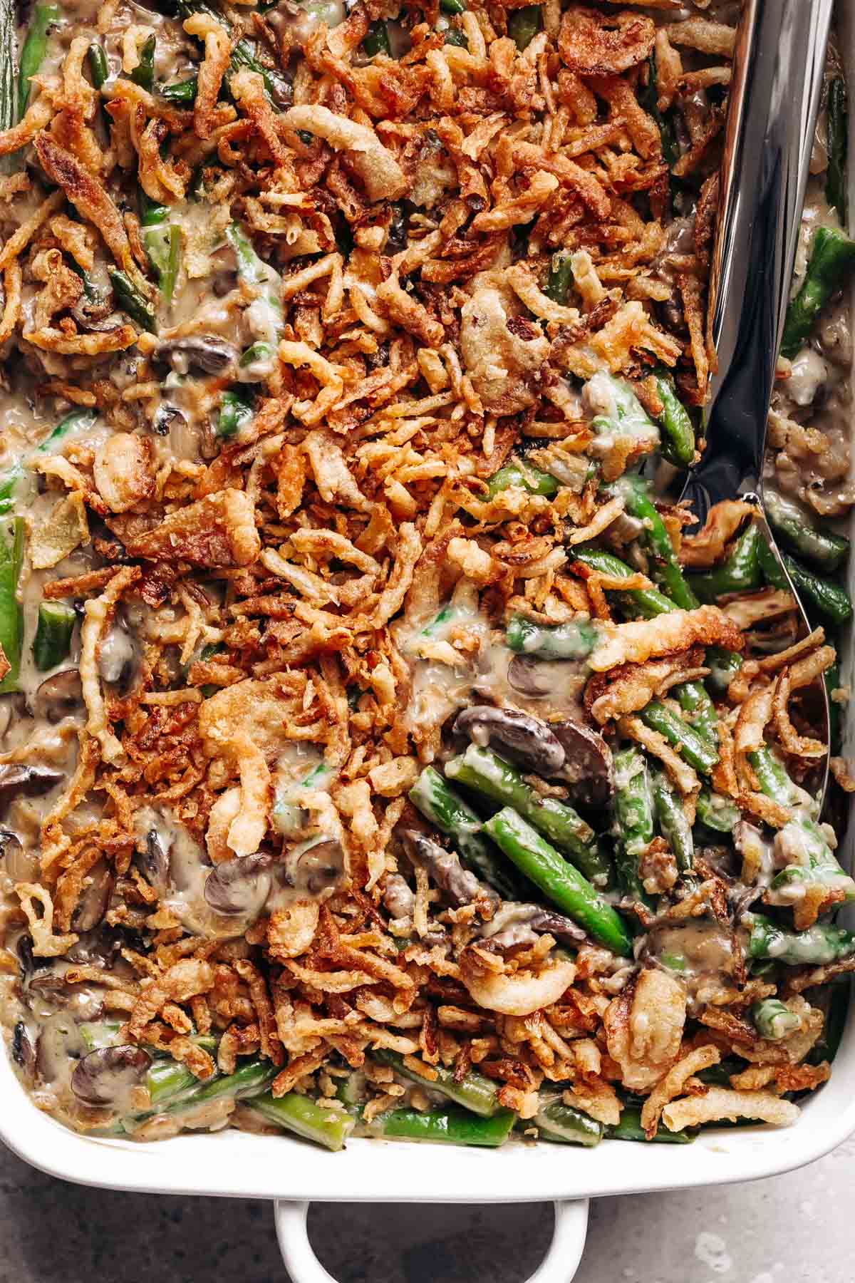 Green Bean Casserole with homemade cream of mushroom soup and French fried onions!