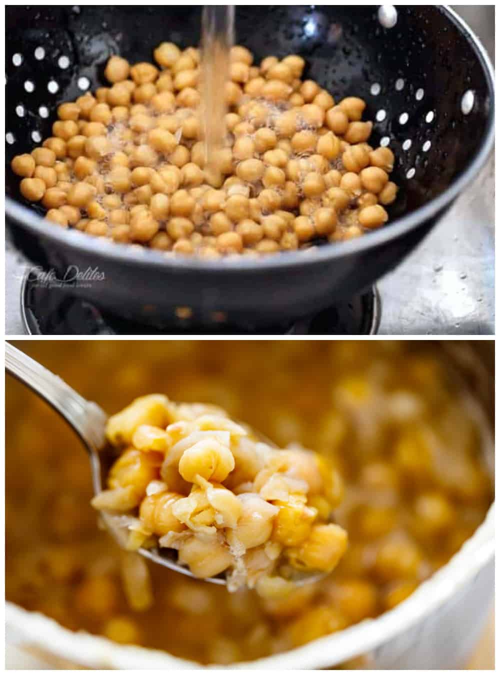 How to make avocado hummus in a collage. Top image: washing chickpeas in a black strainer under cold running water. Bottom image: A spoon holding boiled chickpeas softened, just above a blurred pot full of boiled chickpeas.