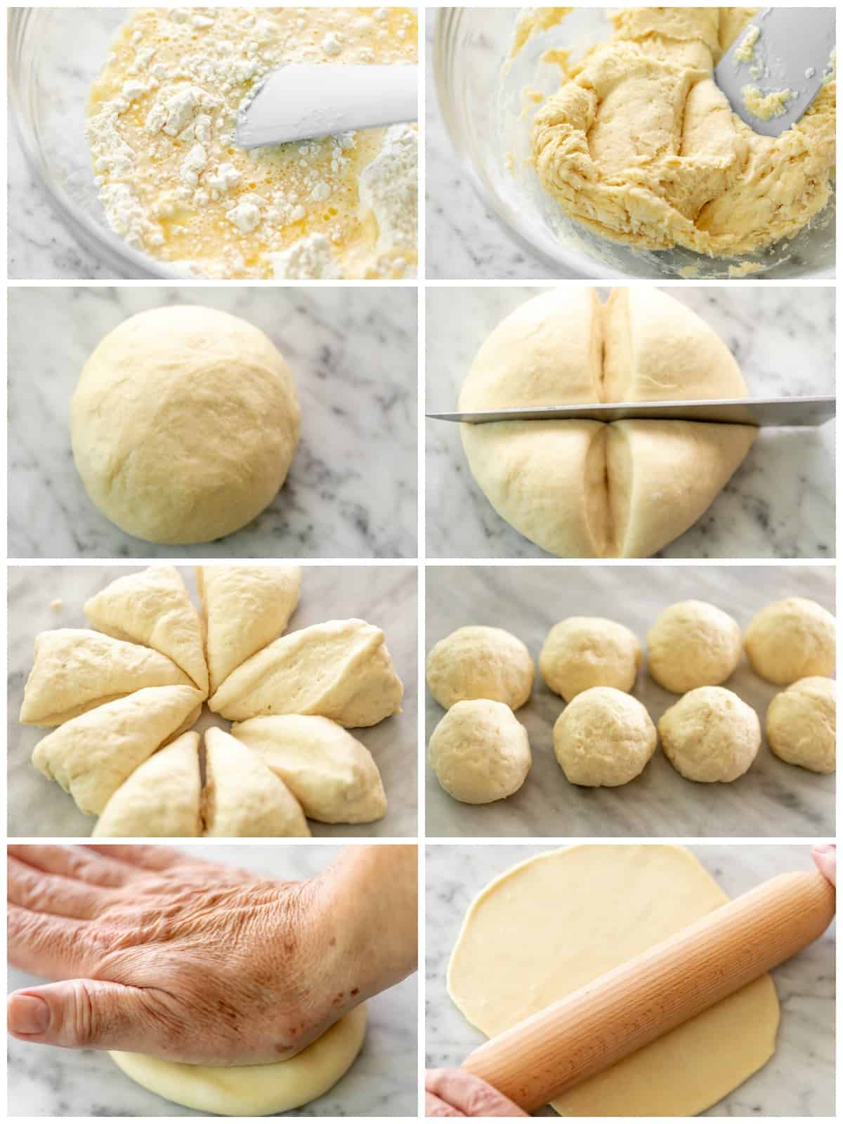How to make flatbreads in a collage wth steps to make the dough and roll it out