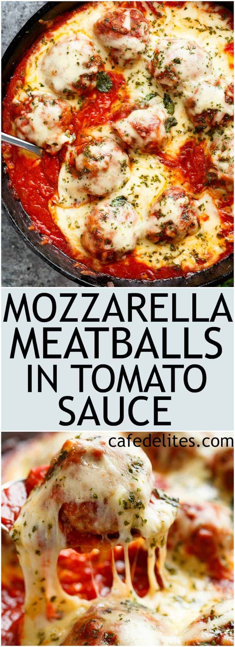 Mozzarella Meatballs In Tomato Sauce are juicy and soft meatballs, simmered in a homemade tomato sauce and topped with melted mozzarella! | https://cafedelites.com