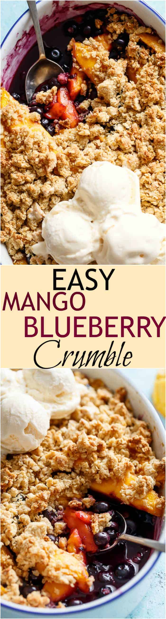 A classic and Easy Mango Blueberry Crumble with the crispy, buttery topping that's lighter in calories and BIG on flavour! | https://cafedelites.com