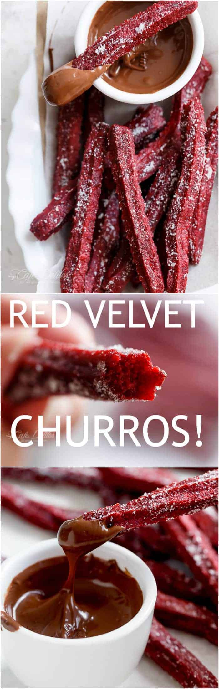 The Best Red Velvet Churros (Baked) + VIDEO! | https://cafedelites.com