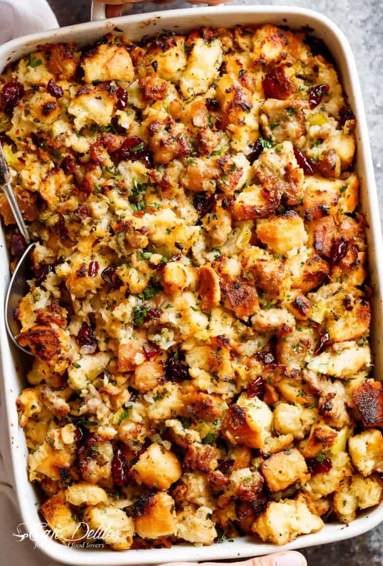 Sausage & Herb Stuffing Recipe is FULLY STUFFED with so much flavour, and perfect for serving as a Thanksgiving side with gravy!
