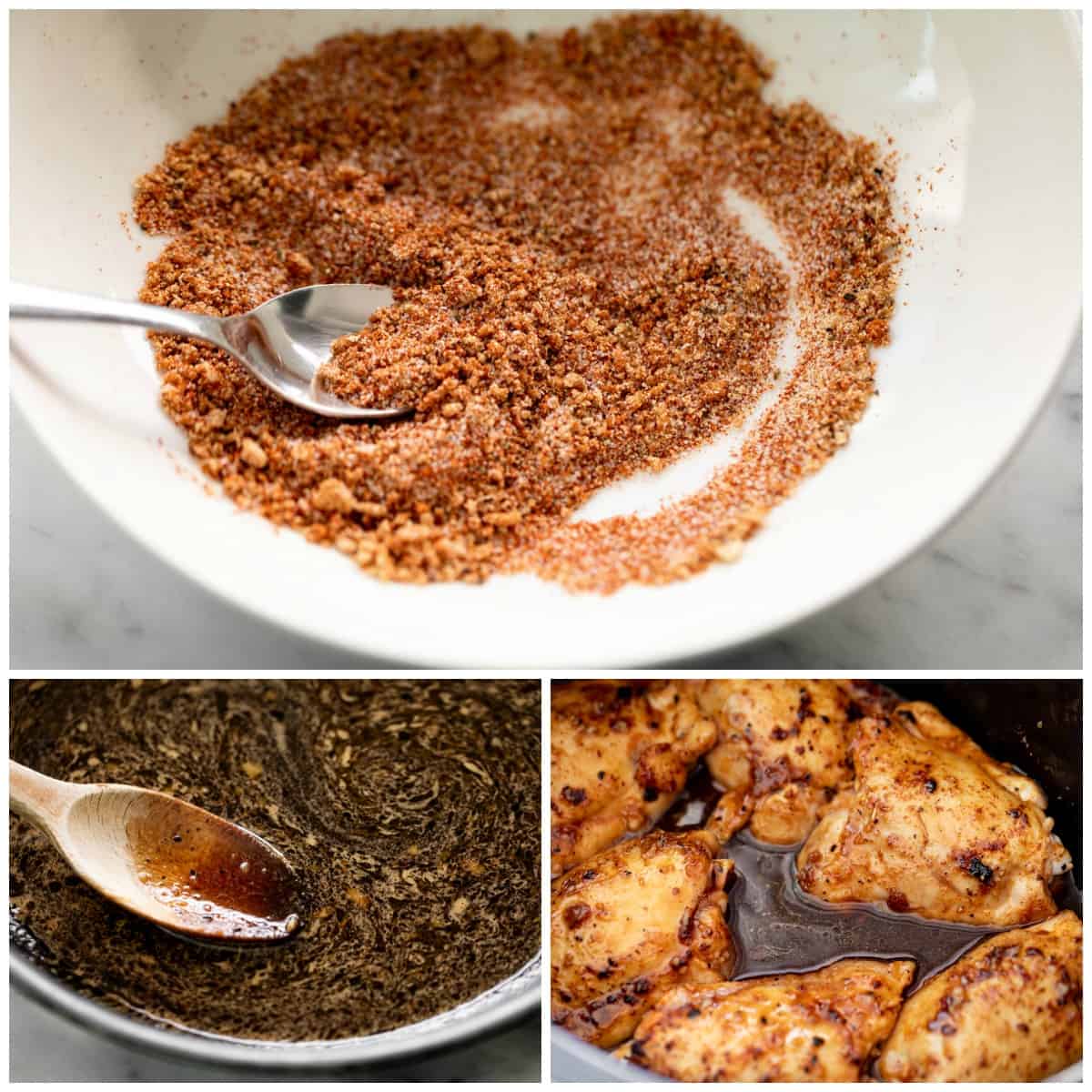 Seasoning and sauce collage for a Slow Cooker Honey Garlic Chicken recipe