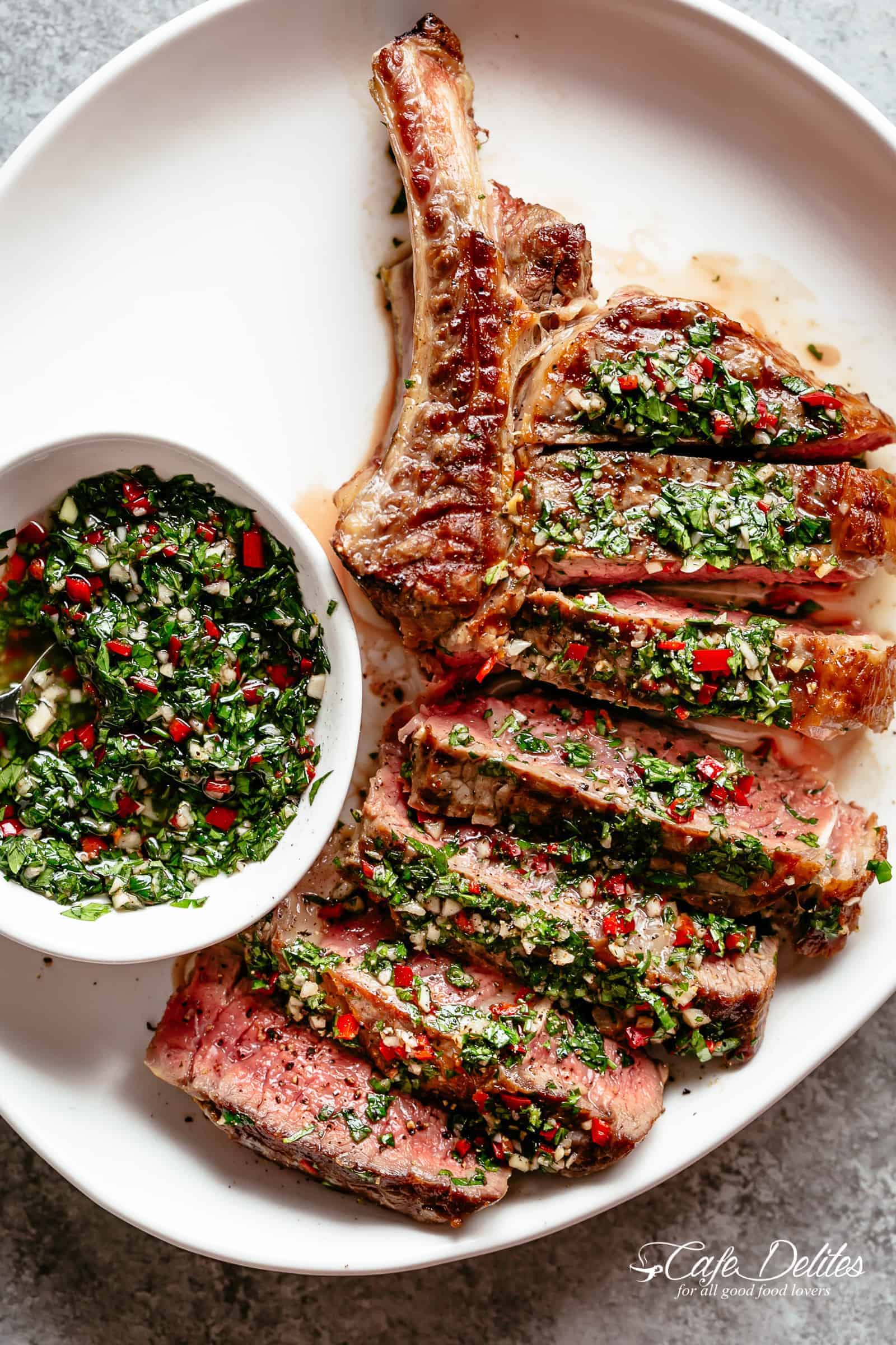 Steaks with Chimichurri! The most delicious silky condiment that drips over your steak | cafedelites.com